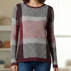 NWT The Limited Cotton Blend Colorblock Plaid Knit Sweater Burgundy Gray Size XS
